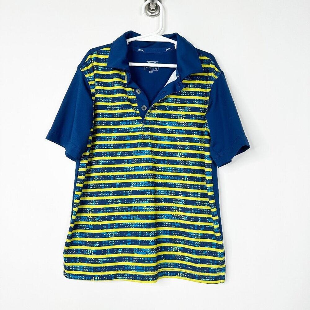2/$30 Slazenger Boys Golf Polo Shirt S Short Sleeve Striped Blue Yellow #9679